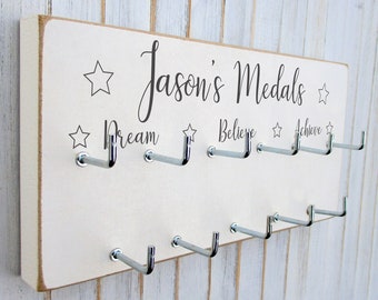 Personalised Medal Hook Hanger Gift Wooden Dream Believe Achieve