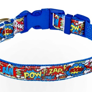 Super Hero Comics Hundehalsband • Comic-Buch-Druck • 25mm breit • Mädchen • Junge • 4 Größen 9-27er • Geschenk für Hund • Hundeliebhaber Geschenk • Hundehalsband blau