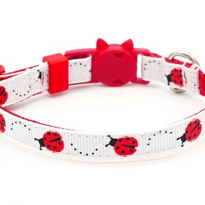 Ladybugs Cat or Kitten Collar • Red and White • 3/8&quot; Wide • Adjusts 6-8.5&quot; or 7.5-12&quot; • Breakaway Safety Buckle • Gift For Cat