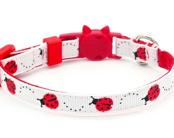 Ladybugs Cat or Kitten Collar • Red and White • 3/8" Wide • Adjusts 6-8.5" or 7.5-12" • Breakaway Safety Buckle • Gift For Cat