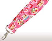 6 quot Key Fob Wristlet Keychain With Pink Vintage Pyrex Dishes Wallet strap Handbag Strap Gift 1 quot x 6 quot
