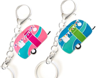 Camping Keychain • Large Pink or Blue Enamel Camper Charm • Swivel Keyring and Clip • Retro Camping Gift
