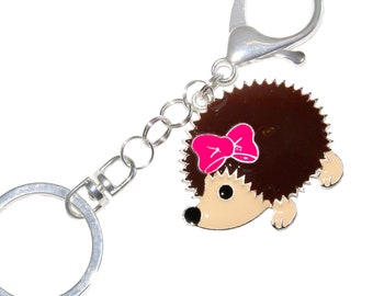 Girly Hedgehog Keychain • Large Enameled Charm • Cute Brown Hedgehog and Pink Bow • Swivel Keyring and Clip • Handbag or Backpack Charm