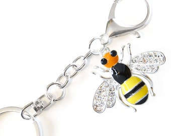 Rhinestone Bee Keychain • Large Enameled Bee Charm • Black & Yellow • Nature Key Chain • Swivel Keyring • Clip • Cute Bee Gift • Mothers Day