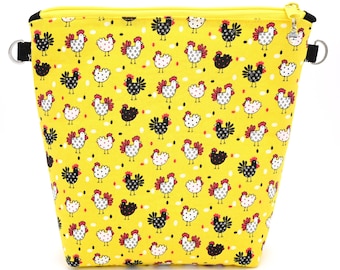 Chicks & Roosters Zipper Bag • 9" x 8" • Yellow Crossbody Bag • Cosmetic Tote • Padded Clutch Bag • Lunch Bag • Cute Gift For Poultry Lover