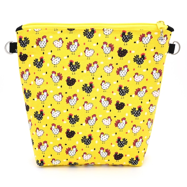 Chicks & Roosters Zipper Bag • 9" x 8" • Yellow Crossbody Bag • Cosmetic Tote • Padded Clutch Bag • Lunch Bag • Cute Gift For Poultry Lover