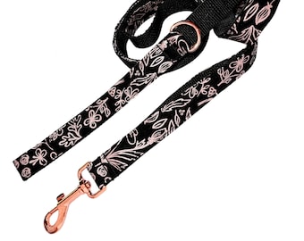 Triple Handle Dog Leash • Handles at 12, 20, and 72 Inches • 6 Foot Leash • Rose Gold Metallic on Black • Gift For Pet Lover