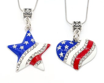 Patriotic Star or Heart Necklace • Red, White, Blue • Enamel & Rhinestone Pendant • 18" Chain • American Flag • 4th of July • Military Gift