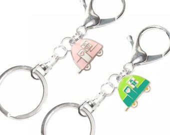 Camping Keychain • Pink or Blue Green • Enamel Camper Charm • Swivel Keyring and Clip • Retro Camping Gift • Mothers Day Gift For Her