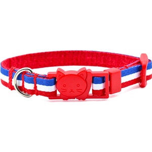Rot, weiß und blau gestreiftes Katzenhalsband • Amerikanische Flaggenstreifen • 3/8 &quot;breit • Einstellbar von 6-8,5 &quot;oder 7,5-12&quot; • Abbruchsicherheitsschnalle • Geschenk für Katze