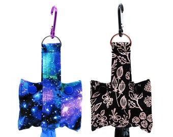 Fashion Tote Waste Bag Holder • Dog Poop Bag Dispenser With Clip • Bottom Dispensing For One-Handed Use • Galaxy or Floral • Bags Included