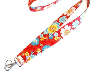 Red Flowers Reversible Neck Lanyard • ID Badge Holder • Key Strap • Reversible Floral Print on Red • 1 Inch Wide x 36 Inch Length • Gift