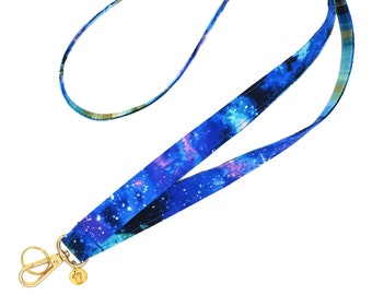 Reversible Galaxy Neck Lanyard • ID Badge • Keychain Strap • Cosmic Stars & Sky • 36" Length • Gold Swivel Clip • Plain or Breakaway Strap