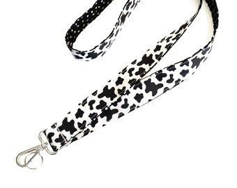 Spotted Cow Print Reversible Lanyard • Lanyard Key Fob • ID Badge Holder • Holstein Cow Keychain • Black and White • Farmer Gift • 1" x 36"