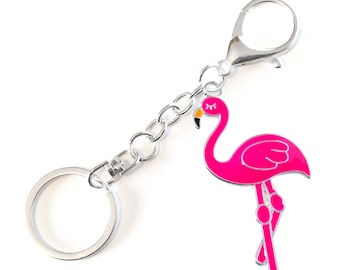 Pink Flamingo Keychain • Large Enameled Charm • Tropical Key Chain • Swivel Keyring and Clip • Cute Animal Gift