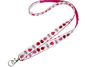 Pink Ladybugs Lanyard • Reversible Lanyard Strap • ID Badge Holder • Keychain Lanyard • 3/4 x 36 Inch • Pink, Red and White • Girly Gift