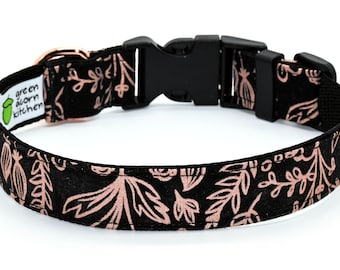 Rose Gold Floral Dog Collar • Black With Metallic Botanical Print • 4 Sizes Adjust 9 to 27 Inches • 1 Inch Wide • Gift For Pet