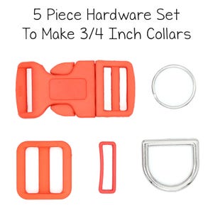 May include: Five piece hardware set to make 3/4 inch collars. The set includes a red plastic buckle, two red plastic slider buckles, a red plastic keeper, and a silver metal D-ring.