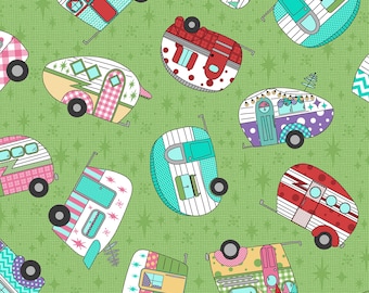 Retro Road Trip Camper Toss Green • By The Yard Cotton Fabric • Retro Camping Trailers & Starbursts