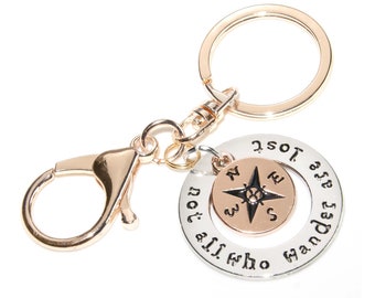 Travel Keychain • Not All Who Wander Are Lost • 2 Tone Gold and Silver • Compass • Camping Key Chain • Swivel Clip • Graduation Gift