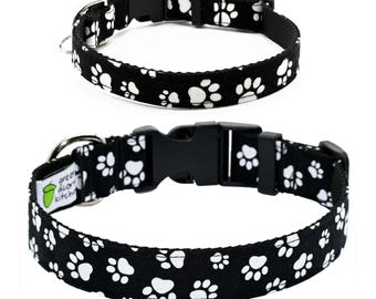 Paw Prints Dog Collar • Black With White Paw Prints • 5 Sizes • 5/8 Inch or 1 Inch Wide • Boy • Girl • Gift For Pet • Dog Lover Gift