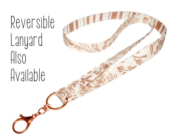 Flower Keychain Metallic Rose Gold Key Fob 3//4 Inch Wide Rose Gold Swivel Clip and Keyring 6 Inch Loop Floral Vines and Stripes on Ivory and White Purse or Wallet Strap