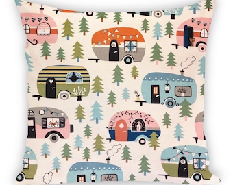 Retro Campers Pillow Cover • Colorful Camping Trailers on Cream • Fits 18x18 Inch Pillow • RV Camping Decor • Handmade RV Decor • RV Gift