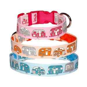 Campinghondenhalsband • Roze, oranje of blauw met metallic zilver • Retro camperaanhangers • 1&quot; breed katoen • Hondencadeau • Jongen • Meisje • 9&quot; - 27&quot;
