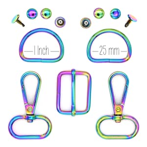 May include: A collection of iridescent hardware components, including D-rings (1 inch), swivel clasps, a rectangular buckle, and rivets. The hardware has a rainbow finish, with measurements in inches and millimeters.