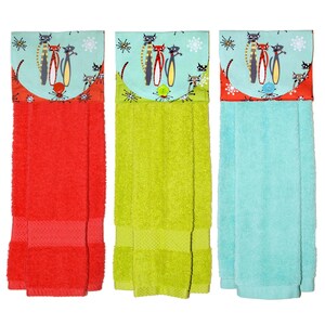 Atomic Cats Hand Towel • 3 Color Choices • Aqua • Coral • Green • Retro • Starbursts • Kitchen or Bath • Mid Century Decor • Gift Under 25