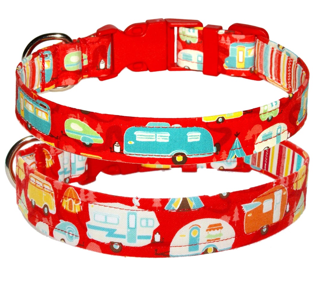 Red Camping Dog Collar Dog Collar 100 Cotton Retro Camper Trailers 1