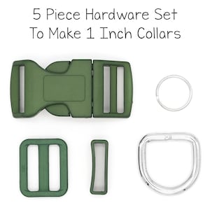 May include: Five piece hardware set to make 1 inch collars. The set includes a green plastic buckle, two green plastic slider buckles, a silver D-ring, and a silver O-ring.