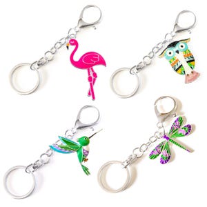 Colorful Enamel Keychain • Extra Large Charm • Pink Flamingo • Owl • Hummingbird • Dragonfly • Swivel Keyring & Clip • Keyring Gift For Her