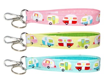 RV Camping Keychain • Pink, Yellow or Blue • Key Fob Wristlet • Retro Camper Trailer • Camping Accessories • Handbag Strap • Gift • 1" Wide
