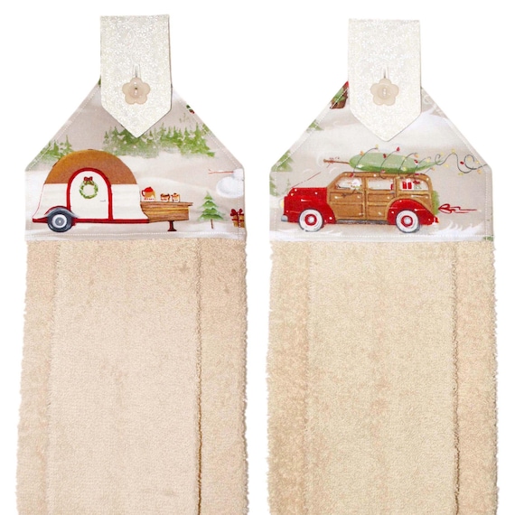 Christmas Hanging Hand Towel • Retro Christmas Camper or Vintage Woodie Station Wagon • Tan Plush Towel • RV Camping Decor • Christmas Gifts