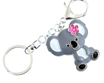 Happy Koala Keychain • Large Enameled Gray & White Koala With Pink Flower • Swivel Keyring and Clip • Handbag or Backpack Charm • Cute Gift