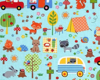 Michael Miller Camp Out Aqua CX6352 • By The Yard Cotton Fabric • Woodland Camping Animals