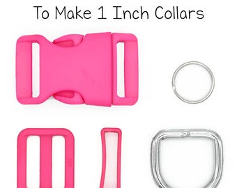 Juego de herrajes para collar de perro • Se adapta a correas de 2,5 cm (1 pulgada) • 5 piezas resistentes • Hebilla, corredera, presilla, anilla en D y anilla para etiqueta de colores • 12 colores disponibles