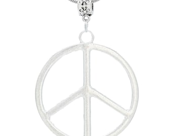 May include: A silver peace sign pendant necklace with a silver chain and a flower-shaped clasp.