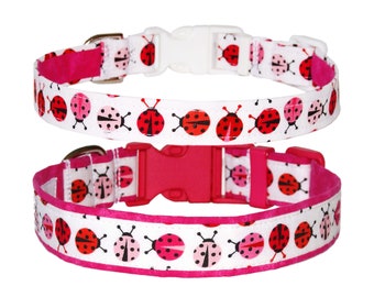 Pink Ladybugs Dog Collar • 100% Cotton • Gift For Dog • Pink & Red Ladybug • Feminine Collar • 3/4" Wide or 1" Wide • Girl Dog Gift • 9-27"