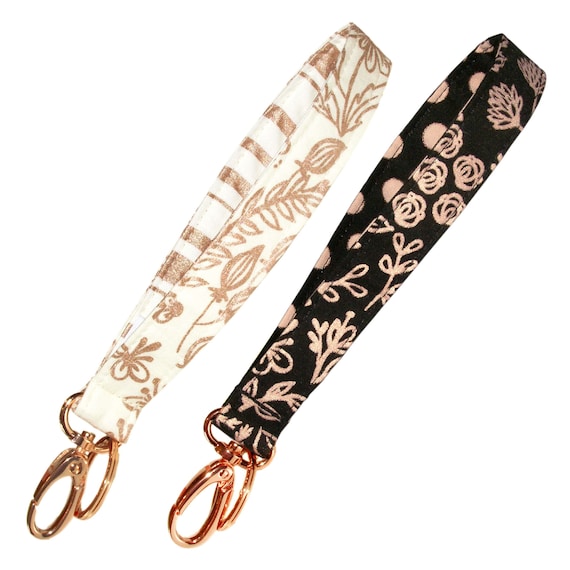 Flower Keychain Metallic Rose Gold Key Fob 3//4 Inch Wide Rose Gold Swivel Clip and Keyring 6 Inch Loop Floral Vines and Stripes on Ivory and White Purse or Wallet Strap