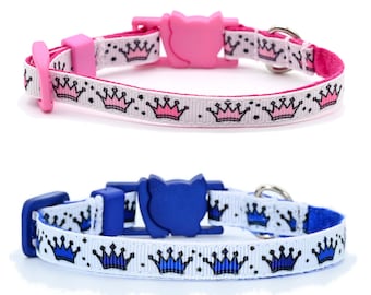Cat or Kitten Collar • Pink or Blue Crowns • 3/8 Inch Wide • 2 Sizes Adjusts 6-8.5 or 7.5-12 Inches • Breakaway Safety Buckle • Gift For Cat
