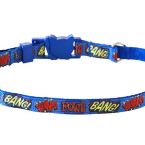 Super Hero Comics Cat or Kitten Collar • Comic Book Print • 3/8&quot; Wide • Adjusts 6-8.5&quot; or 7.5-12&quot; • Breakaway Safety Buckle • Gift For Cat