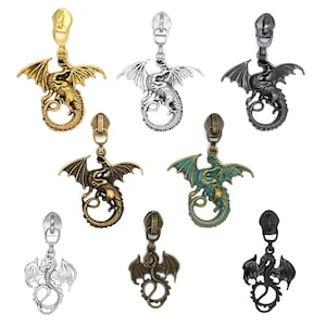 Single Zipper Pull • Fits #5 Zipper • Dragons • Brass • Gunmetal • Gloss Black • Gold • Silver • 2 Sizes • Sewing & Handbag Supplies