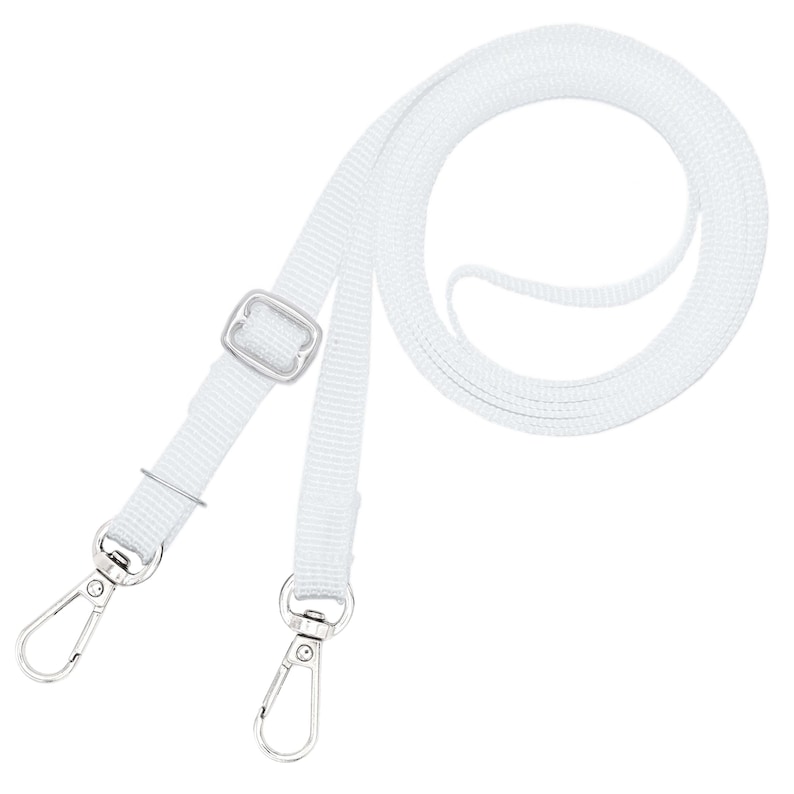 K&ouml;nnte beinhalten: Wei&szlig;es Lanyard mit zwei silbernen Drehverschl&uuml;ssen und einer silbernen Schnalle.