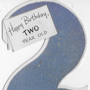 Die-cut 1953 Antique Flocked Child's Second Birthday Card Blue "2" with Kittens, Yarn, Knitting Needles - Used Mid-Century