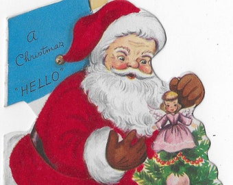 Die-cut 1950's Antique Flocked Child's Christmas Card "Hello" Santa, Tree, Angel - Used Mid-Century
