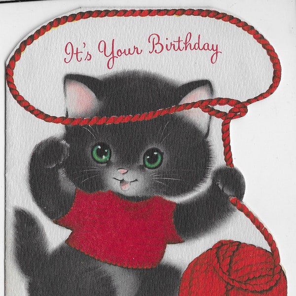 Die-cut 1950's Antique Flocked Child’s Birthday Card « Inky » Black Kitten with Red Sweater, Yarn Lasso - Used Mid-Century