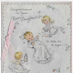 Ruban attaché 1951 Antique New Daughter Congratulations Card, Sugar and Spice thème, papier parchemin - Utilisé mid-century