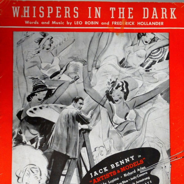 Whispers In The Dark vintage sheet music by Leo Robin and Frederick Hollander, w/ ukulele tabs + chords Jack Benny "Artists & Models" 1937